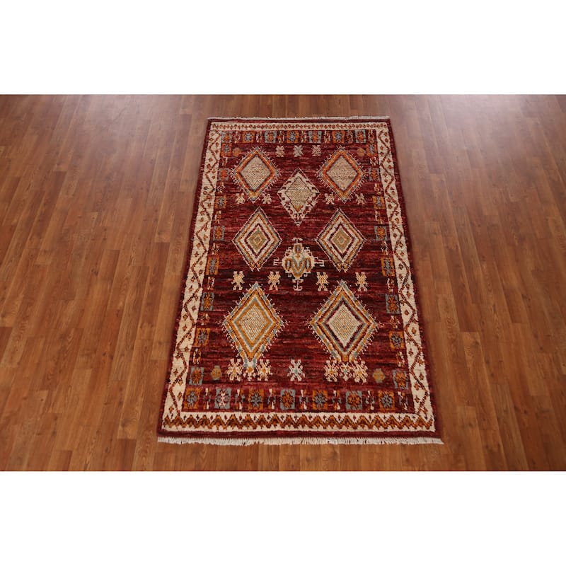 Red Geometric Moroccan Oriental Rug Hand-Knotted Wool Carpet - 3'9" x 6'5"