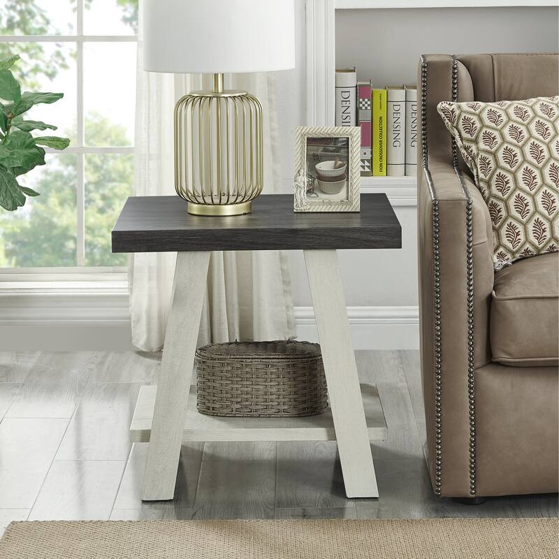 Contemporary Two-Tone Wood Shelf End Table in Weathered for Living Room