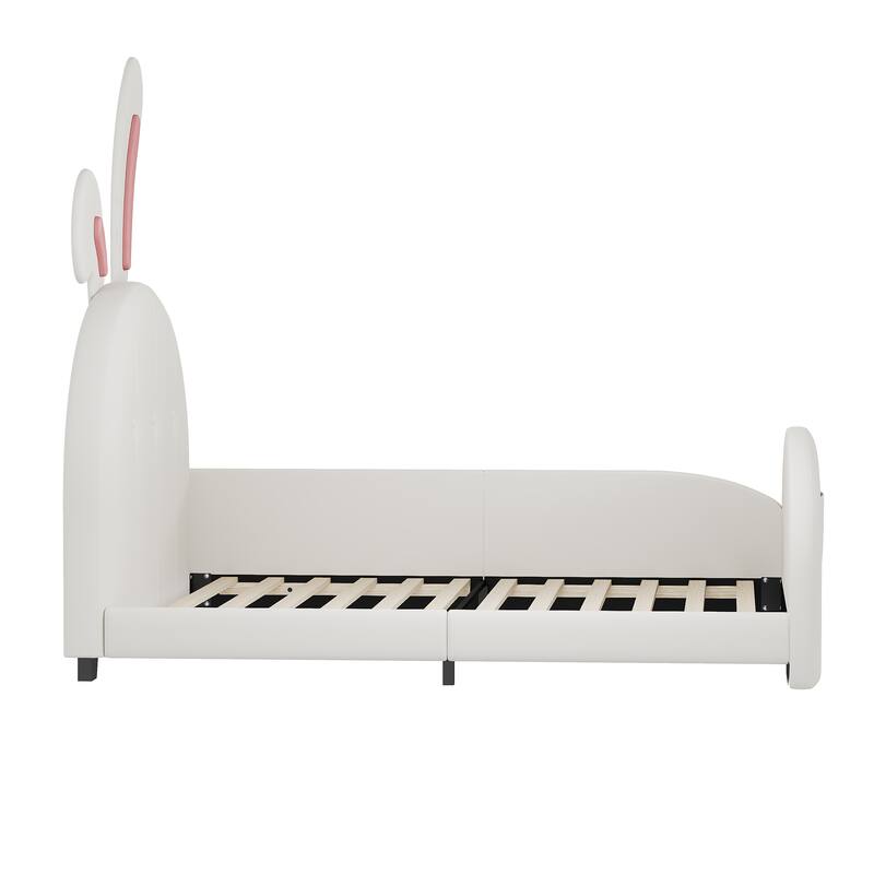 Twin Size Rabbit-Shaped Upholstered Princess Bed with Headboard and Footboard, White