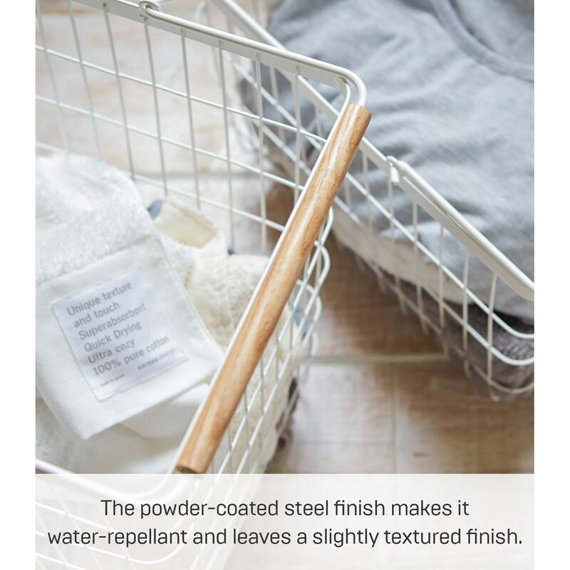 Yamazaki Home Wire Basket - Two Sizes, Steel and Wood, Medium, 6 gallons, 23 liters, Holds 6.6 lbs - Medium