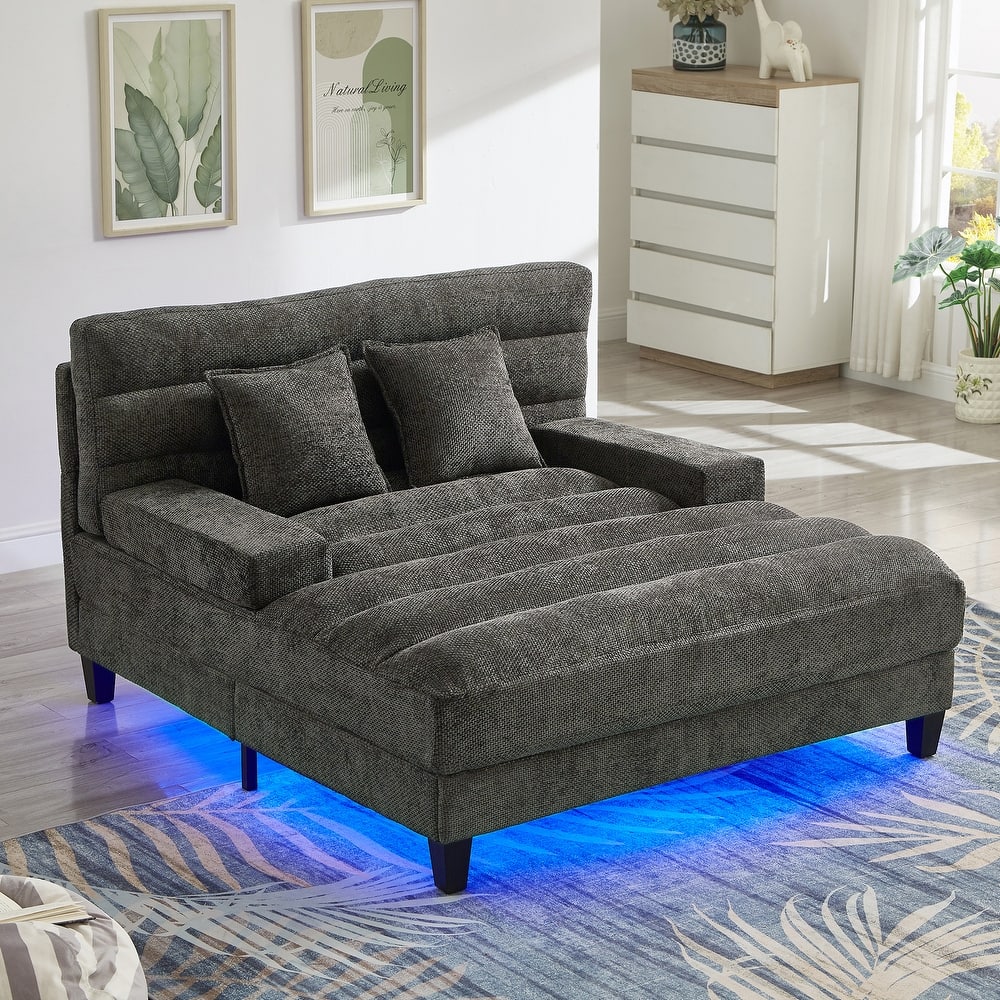 Modern Chaise Lounge Sofa 57.1" Sofa Bed Chenille Upholstered Lounge Sofa Chair with Adjustable Backrest and LED Light Strip