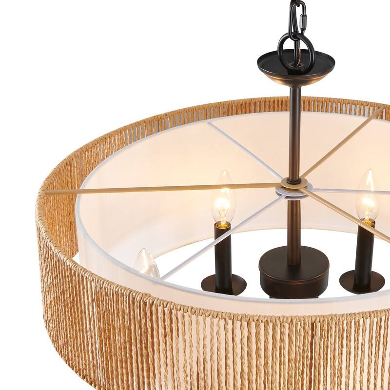 KAWOTI Adjustable Height Pendant Light with Rattan Shade