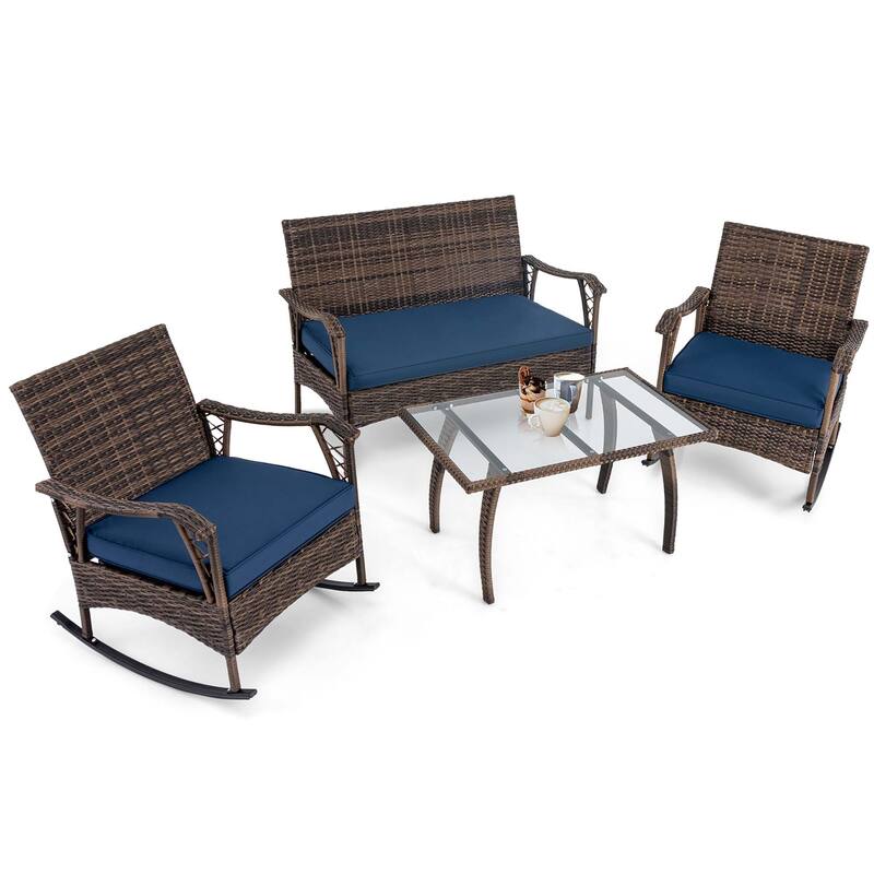 Gymax Set of 4 Wicker Rocking Set w/ Loveseat & Coffee Table