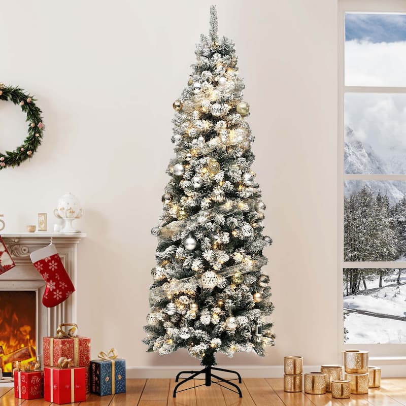 6ft Pre-lit Artificial Flocked Pencil Kingswood Fir Christmas Trees