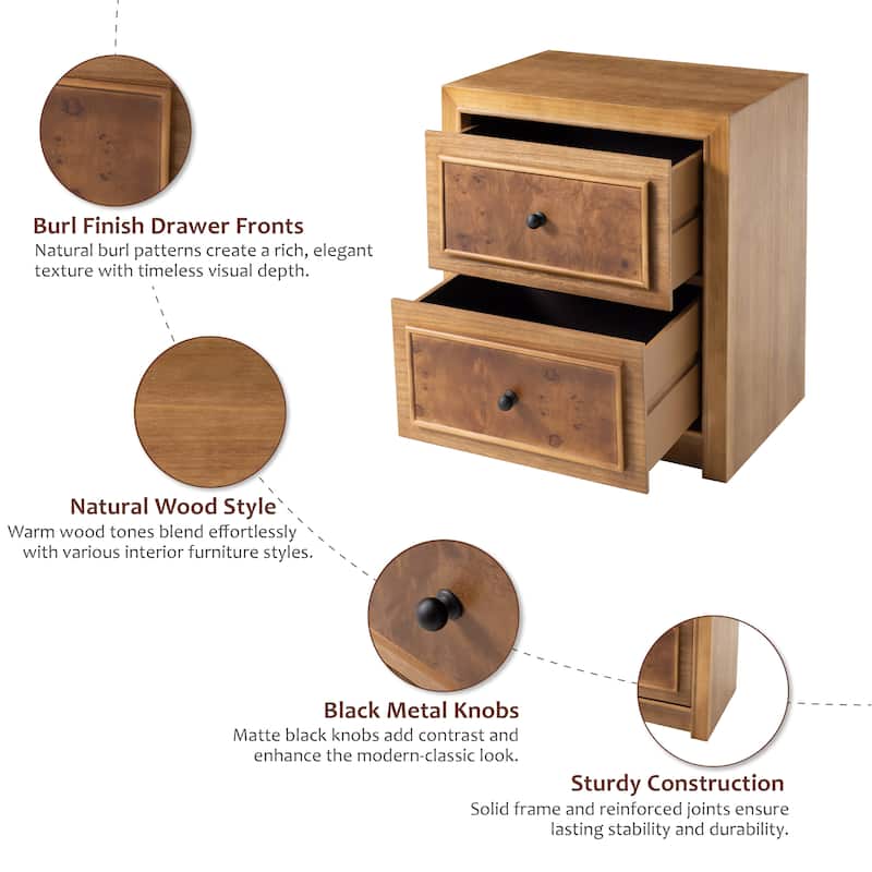 COZAYH Fully Assembled Wooden Nightstand, Burl Front Dresser in Farmhouse Style, Natural Finish Bedside Table with Ample Storage