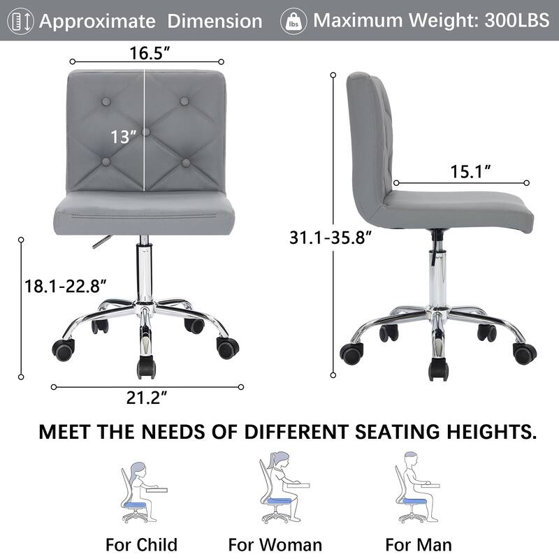 Javlergo Armless Office Desk Chair, PU Leather Mid-Back Adjustable Height 360° Rolling Swivel for Home Office Work