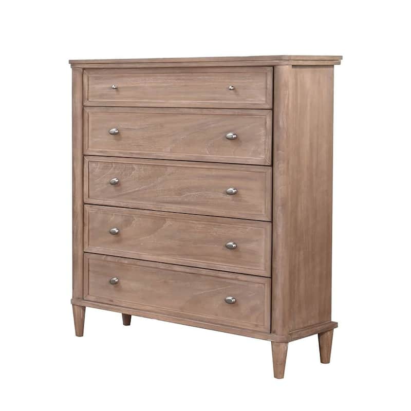 Flora Tall Dresser Chest with 5 Drawers, Tapered Legs, Oak Mindi Wood