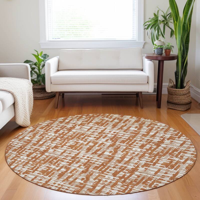 Machine Washable Indoor/ Outdoor Modern Crosshatch Chantille Rug - Terracotta - 8' x 8'