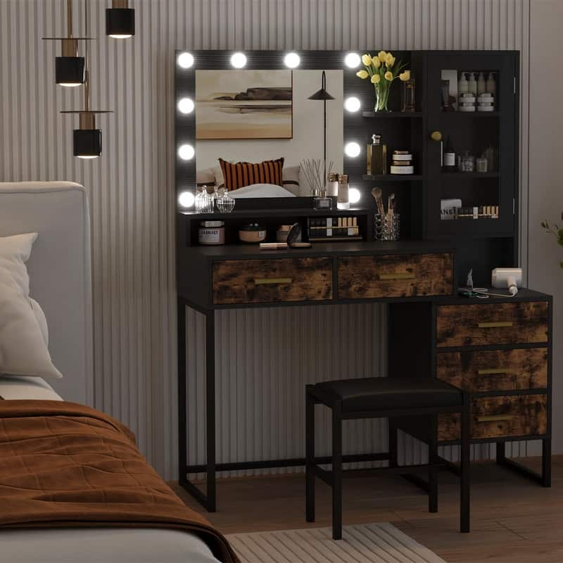 Vanity Desk with Mirror & LED Lights, Charging Station, 5 Drawers, Shelves & Stool