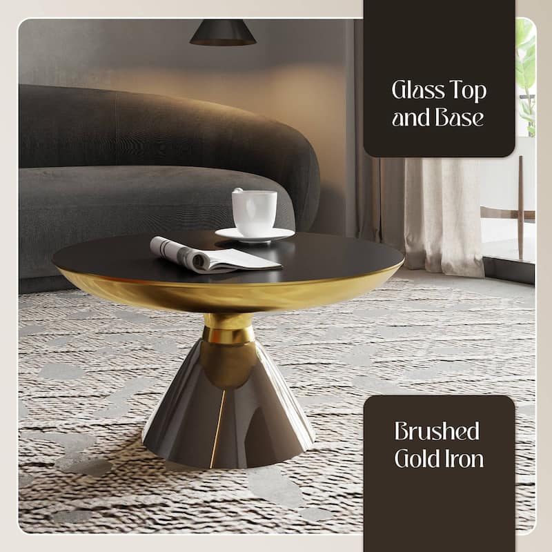 30-Inch Coffee Table Round Glass Tabletop with Gold Iron Rim and Glass Base