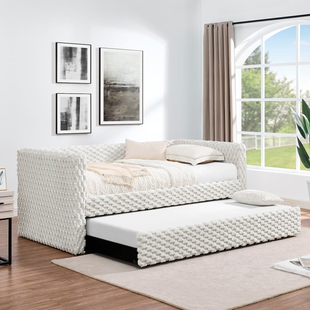 Modern Twin Size Upholstered Sofa Bed with Pull-Out Feature, Beige Plaid Corduroy Fabric