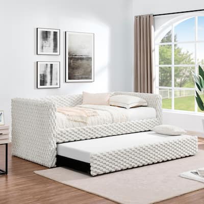 Twin Size Daybed, Upholstered Sofa Bed, The Bottom Pulls out to Form a Bed, Plaid Corduroy Fabric - Beige