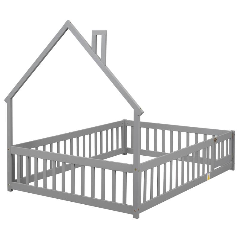 House-Shaped Full Floor Bed Frame with Fence Guardrails, Grey Wood