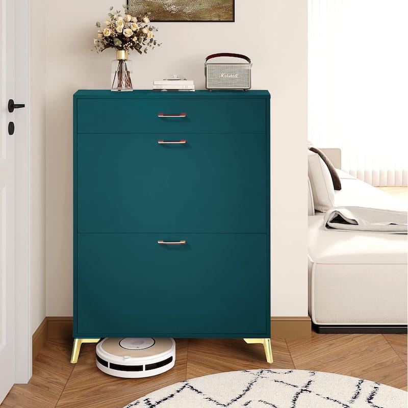 Freestanding Shoe Cabinet for Entryway, with 2 Flip Doors and Drawer - 32'W x 10''D x 43''H