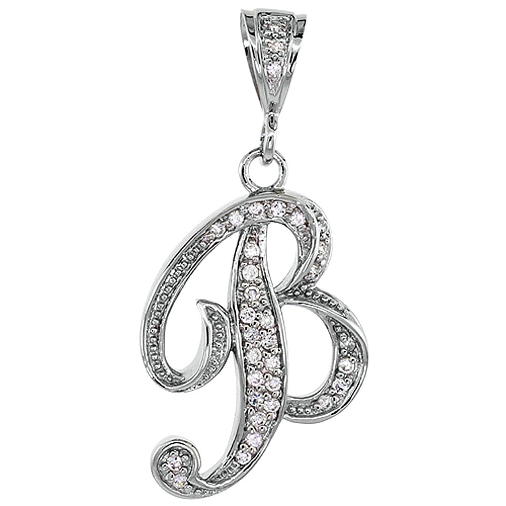 Solid 925 Sterling Silver CZ Cubic Zirconia Initial B Pendant 11mm x 17mm