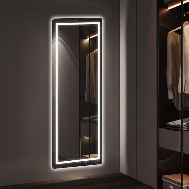 Rectangle Aluminum Alloy Frame Full Length Mirror with Stand & Dimmable 3-Color Lighting for Bedroom Cloakroom