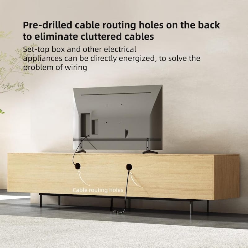 Stylish mid-century modern TV stand for up to 80" TVs. Ample storage for media devices, cable management. easy assembly.