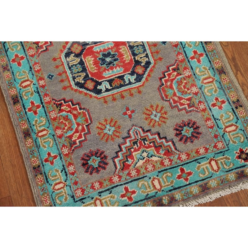 Geometric Kazak Foyer Rug Handmade Traditional Grey Wool Carpet - 2'0" x 3'0"