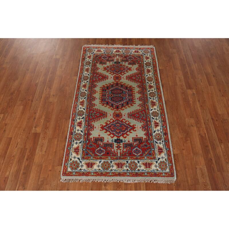 Green Geometric Viss Indian Rug Hand-Knotted Wool Carpet - 2'11" x 5'2"