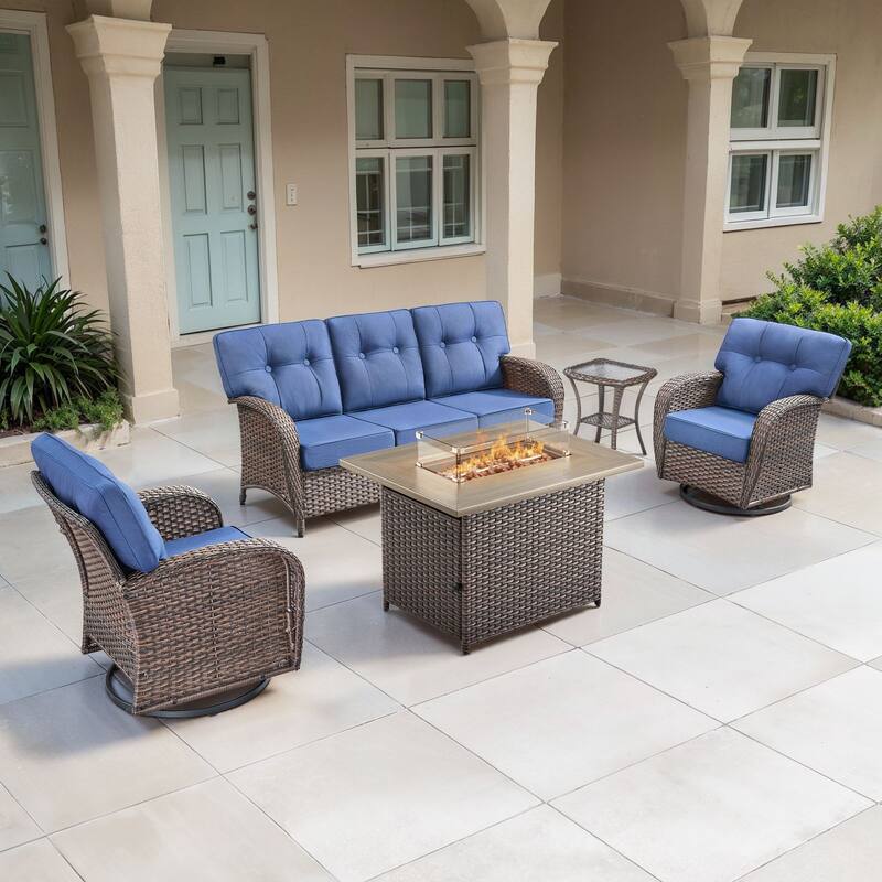 TWrap Wicker Patio Fire Pit Conversation Set with 3-Seat Sofa & Swivel Gliders