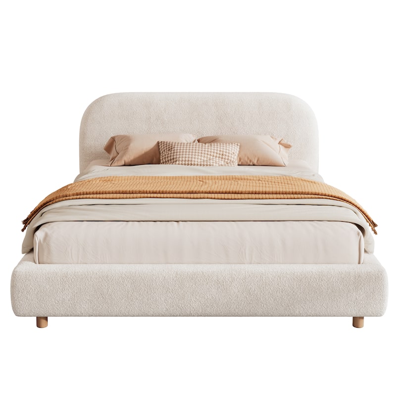 Boucle Fabric Bed with Curve-Shaped Design Headboard