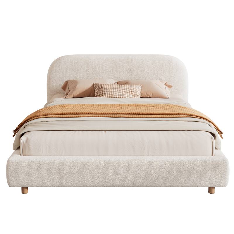 Queen Size Upholstered Bed With Boucle Fabric,Curved-Shape Design Thick Headboard, Solid Wood Legs