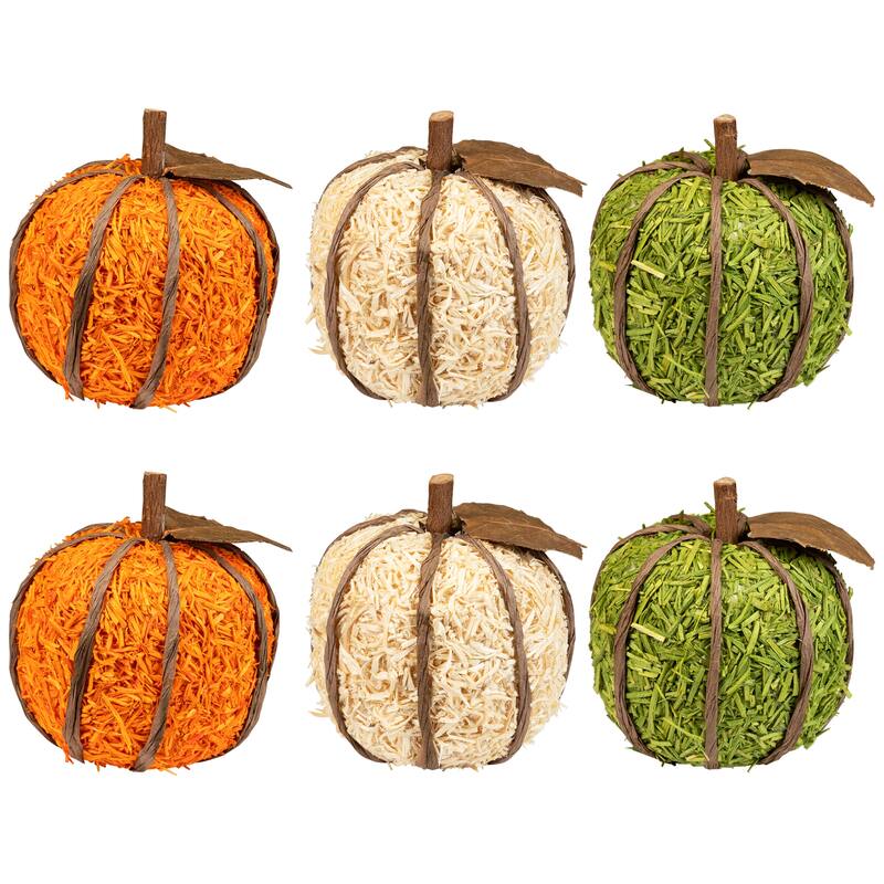 Textured Shredded Wood Pumpkin Fall Harvest Decorations- 3.5" - Orange and Green - Set of 6