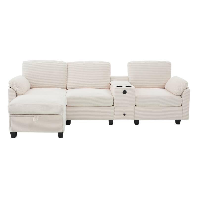 HOMEFUN Corduroy Upholstered L-Shaped 4-seater Storage Multifunctional Sectional Sofa with Storage Ottoman,Cup Holder and USB