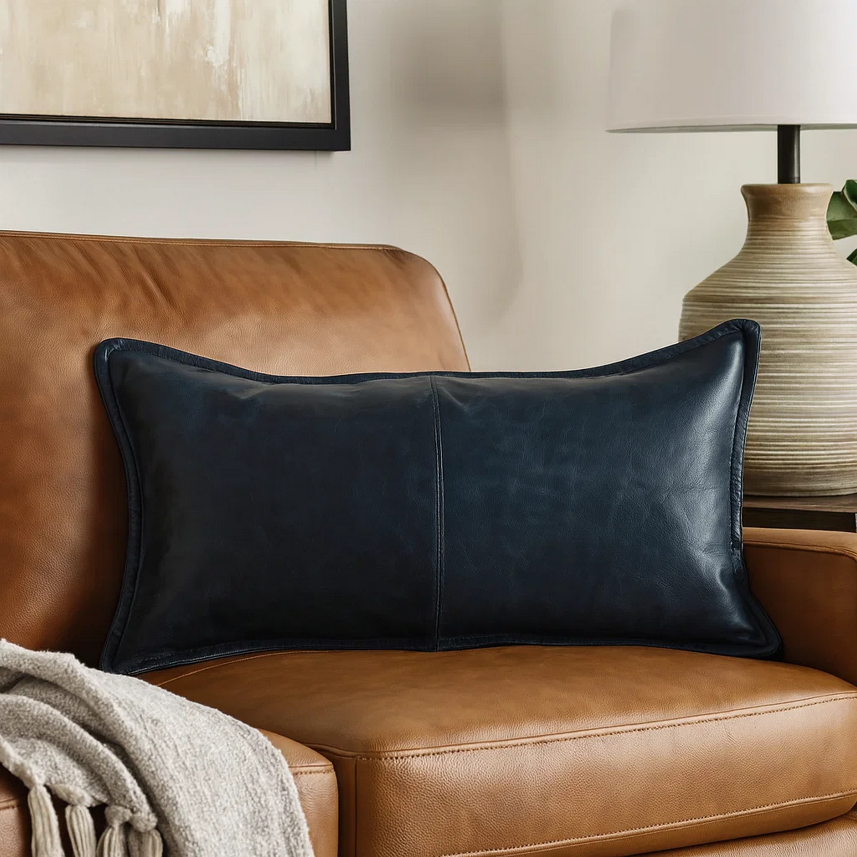 Norm 14 x 26 Lumbar Accent Throw Pillow, 4 Pieced Design, Soft Blue Leather