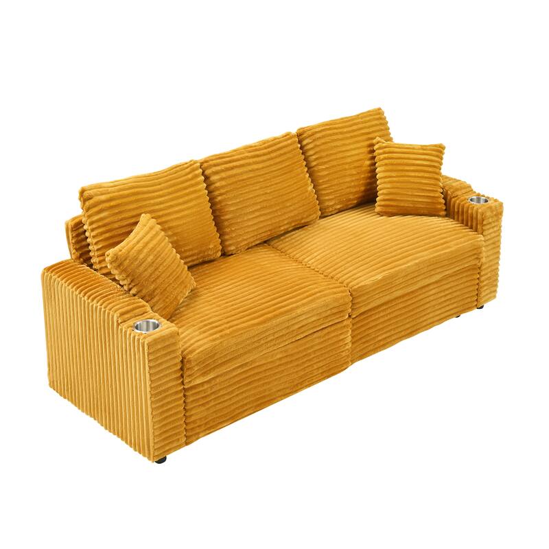 80-inch Orange Corduroy Pull-out Sofa with Foldable Reclining Function