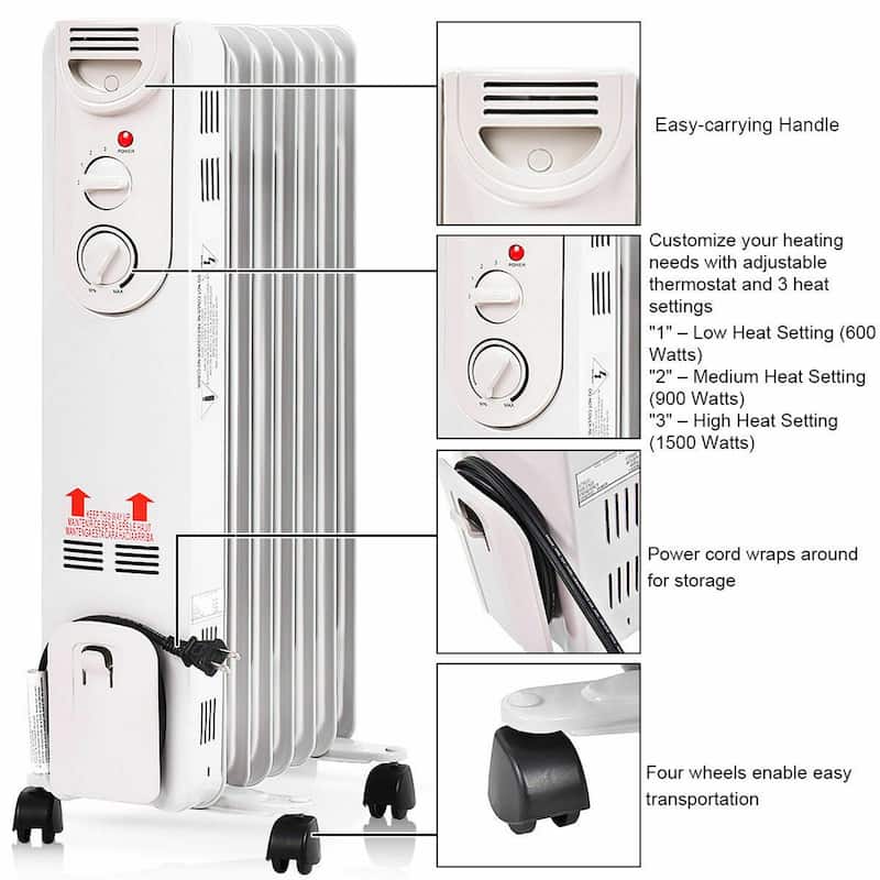 Gymax 1500W Oil Filled Radiator Space Heater w/ Adjustable Thermostat - 14'' x 10'' x 25.6'' (L X W X H)
