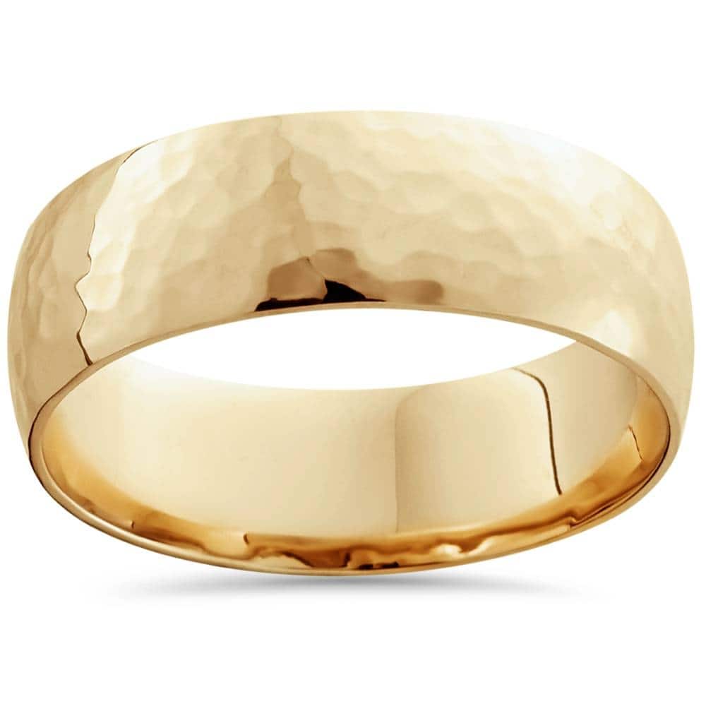 7mm Yellow Gold High Polished Hammered Mens Wedding Band