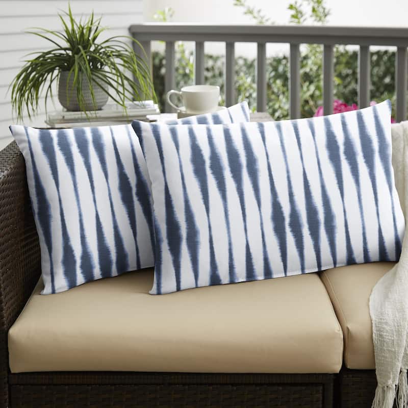 Sorra Home Blue and White Ikat Stripe Indoor/Outdoor Knife Edge Lumbar Pillows (Set of 2) - 26 x 16 x 6 - Salix Vintage Indigo
