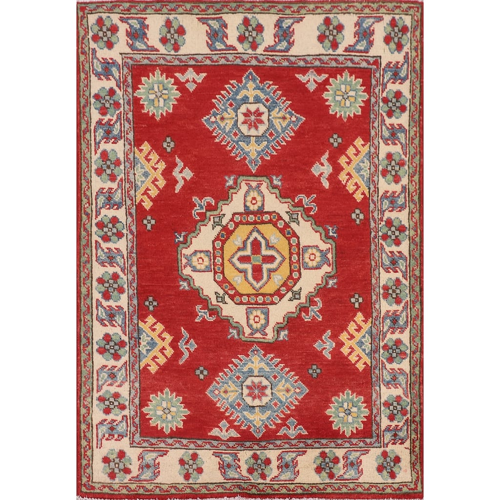 Geometric Kazak Foyer Rug Hand-Knotted Traditional Wool Carpet - 2'8" x 3'11"