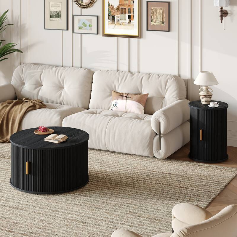 2-Piece Mid-Century Round Coffee Table Set with Sliding Doors and Storage for Stylish Living Room Organization