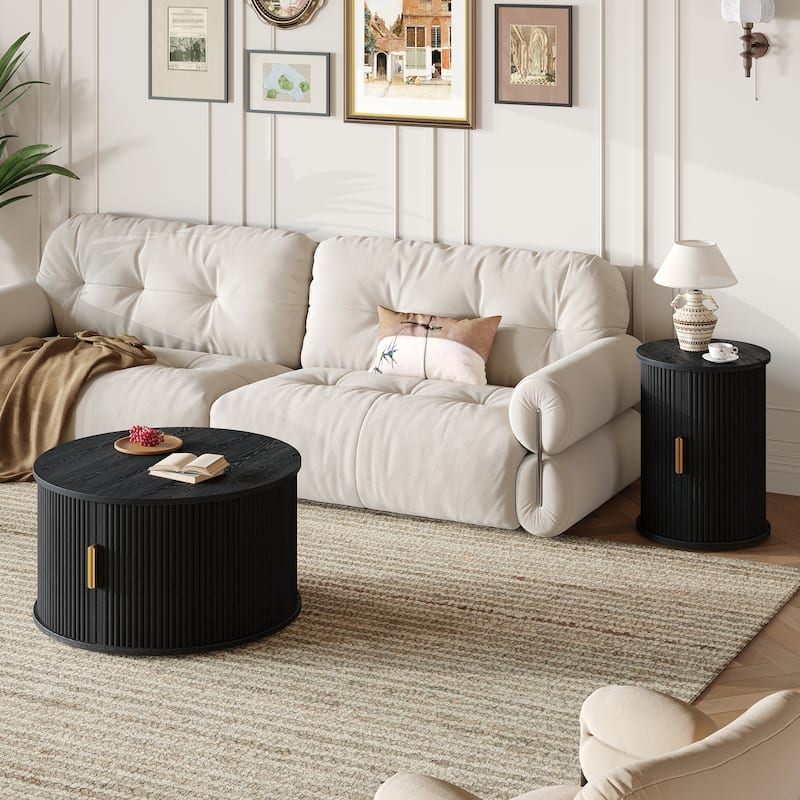 Roomfitters Wooden TV Stand & Coffee Table Set with Fluted Sliding Doors, Golden Handles & Cable Hole for TVs up to 75"