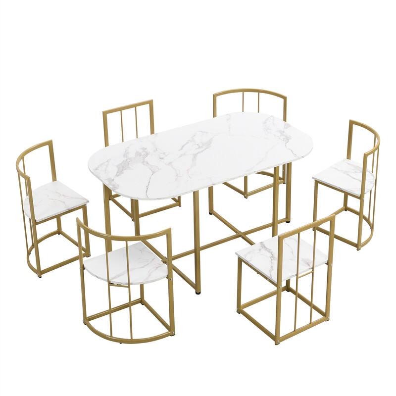 Mid-Century 7-Piece Dining Table Set for 6 People, Kitchen Dining Room Table Set with Faux Marble Dining Table and 6 Chairs