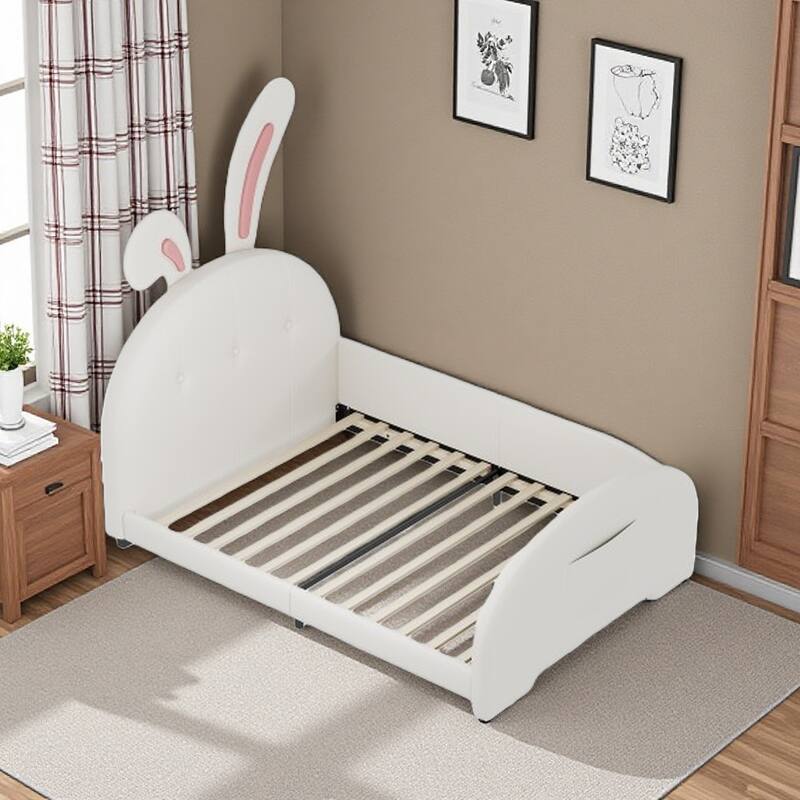 Cute Pink Rabbit-Themed Upholstered Bed with Headboard, Footboard & MDF Platform Frame - White