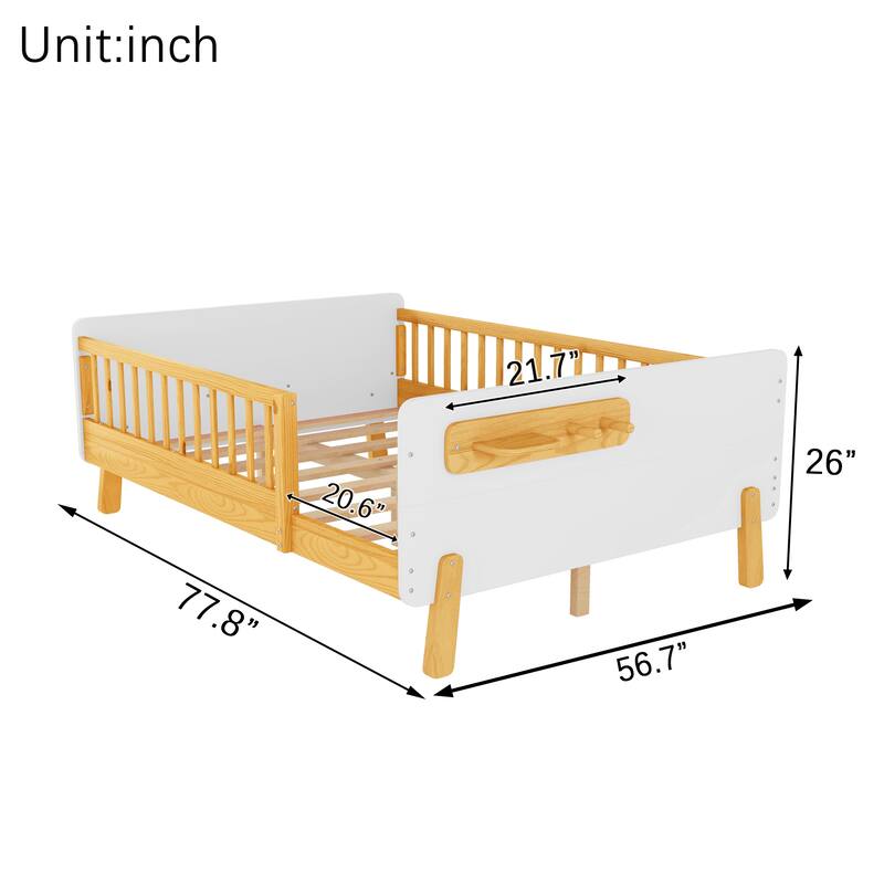 Kids Wood Platform Bed with Guardrails, Bottle Holder and 2 Hanging Rod, Convertible Toddler Daybed, Low Profile Design Frame