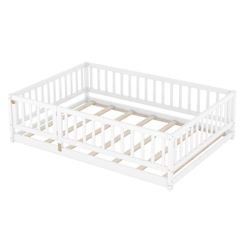 Full Size Pine Wood Floor Panel Bed with 7-Slat Support and Safety Fence and Removable Door Included