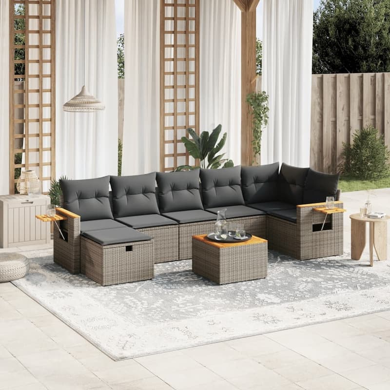 vidaXL Patio Sofa Set with Cushions Outdoor Conversation Furniture Poly Rattan - Gray with table - 24.4 x 24.4 x 27.2 in