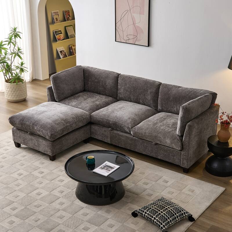 96.5" L-Shaped Chenille Sectional Sofa with Storage and Movable Ottoman