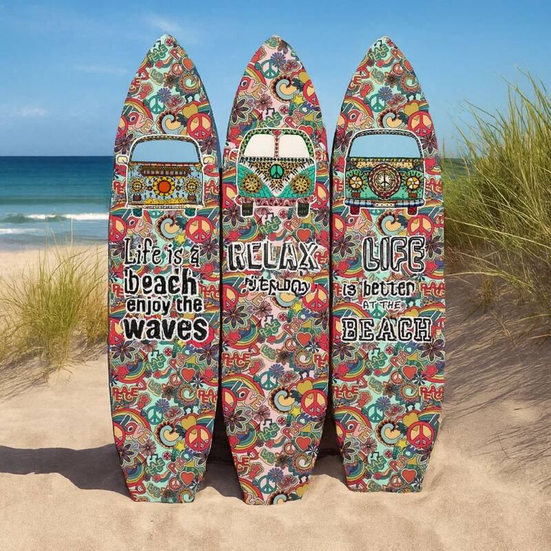 Beach Themed Surfboard Shaped 3 Panel Room Divider, Multicolor