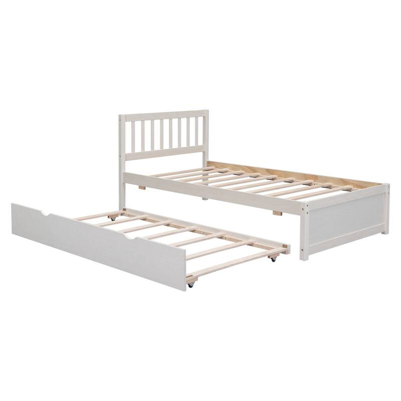 Twin Size Wooden Platform Bed Frame with Trundle Bed & Headboard