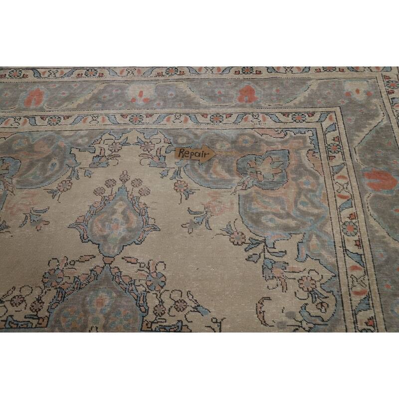 Geometric Tabriz Persian Rug Hand-Knotted Beige Wool Carpet - 8'2"x 10'6"