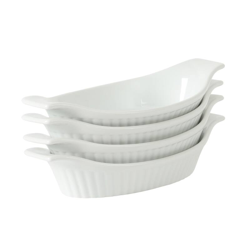 Gibson Home Gracious Dining Oval Au Gratin Baking Dishes, 4-Piece Set - 9oz or 15oz Oven Safe Ceramic with Handles - white
