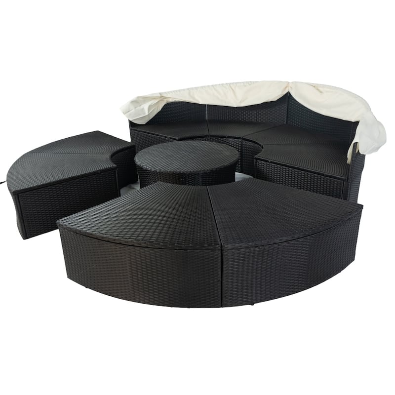 Outdoor Round Daybed Sofa with Retractable Canopy Black