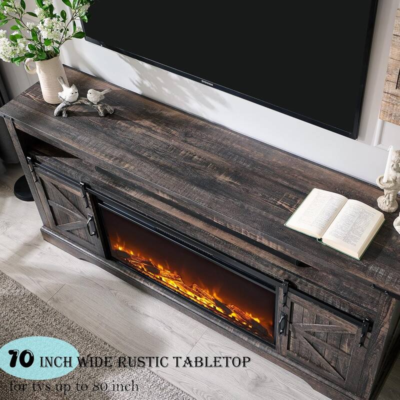 Farmhouse Fireplace TV Stand for 80" TV, Rustic Entertainment Center