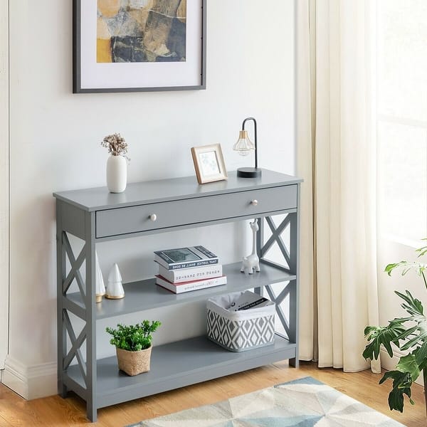 3-Tier Console Table with a Large Slide Drawer and Storage Shelves - Costway