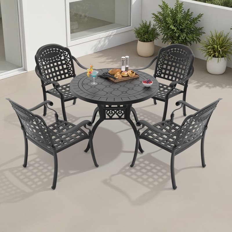 5-Pc Aluminum Patio Set , 4 x Armchairs with Blue Cushions with Round Table
